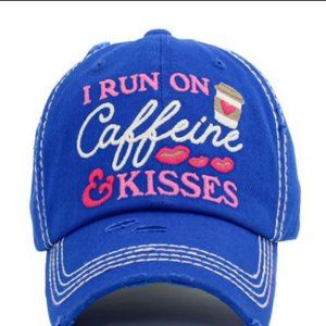NWT Distressed Vintage Royal Blue Women's Cap Hat -Vintage Sip I Run on Caffeine